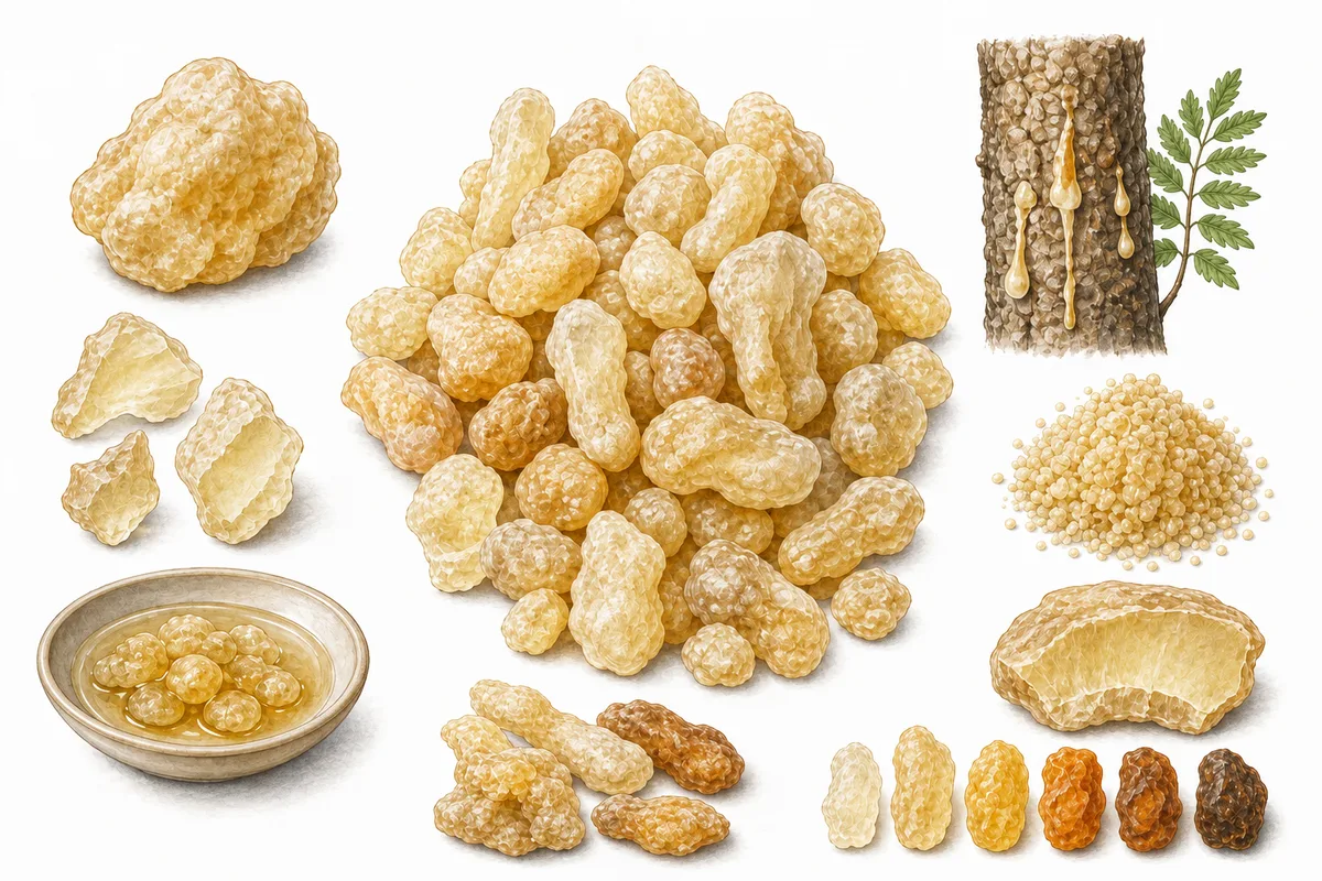 Watercolor illustration of frankincense resin tears and Boswellia tree bark